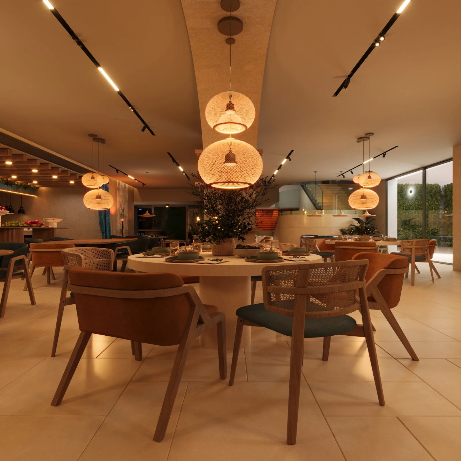 Modern restaurant interior with warm lighting, round tables, and wooden chairs.