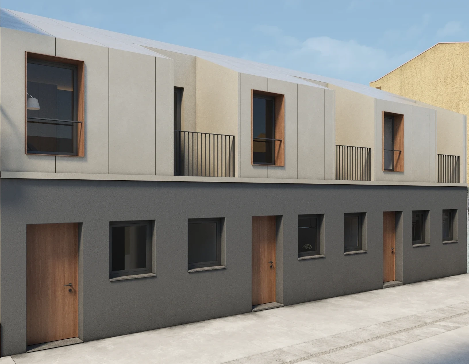 Modern townhouse with flat roof, wood doors, and metal railings.