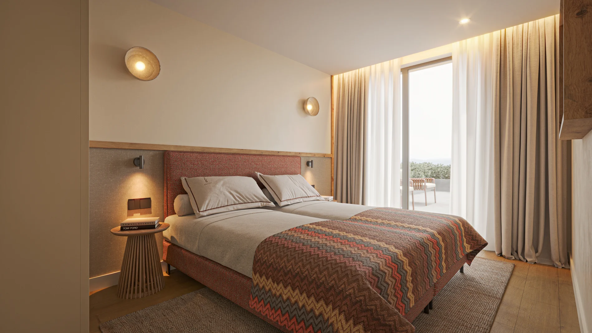 Minimalist bedroom with twin beds, colorful blanket, and a sliding door to a balcony.