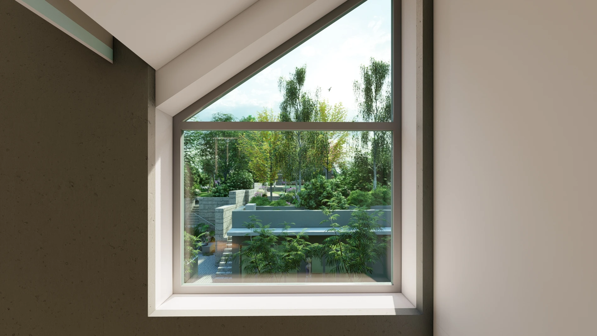Triangular window view of garden with trees and greenery.