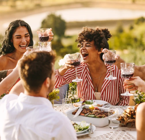 Group of friends toasting with wine at an outdoor meal, smiling and joyful.