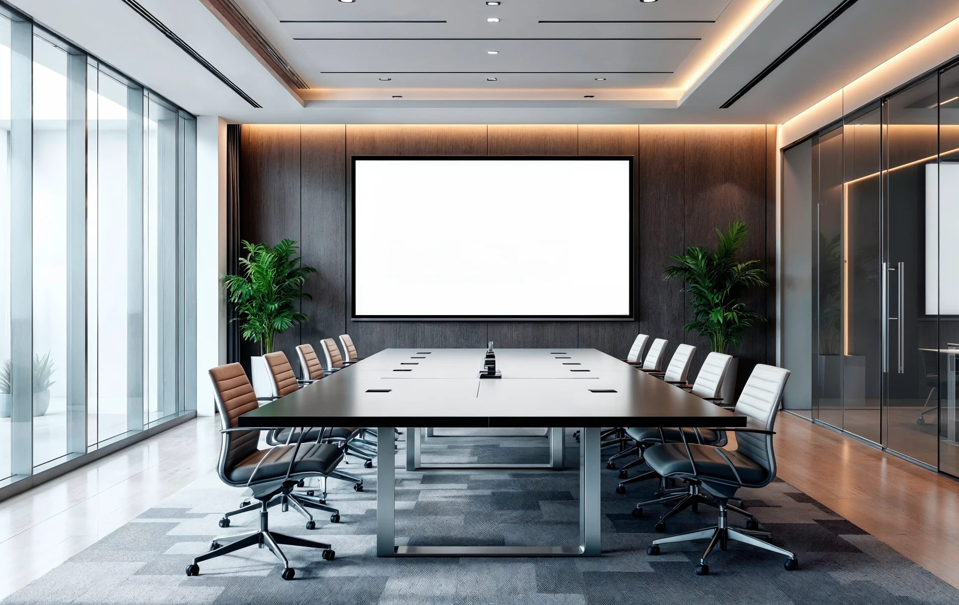 Modern conference room with long table, chairs, and a blank screen.