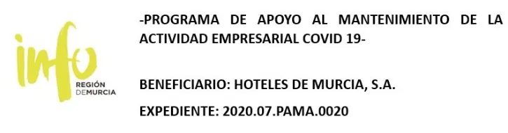 Logotipo de "INFO Región de Murcia" y texto sobre un programa de apoyo empresarial COVID-19 para Hoteles de Murcia.