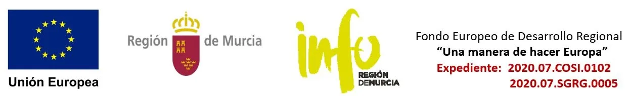 Logos de la Unión Europea, Región de Murcia e INFO. Texto sobre Fondo Europeo de Desarrollo Regional y expedientes.