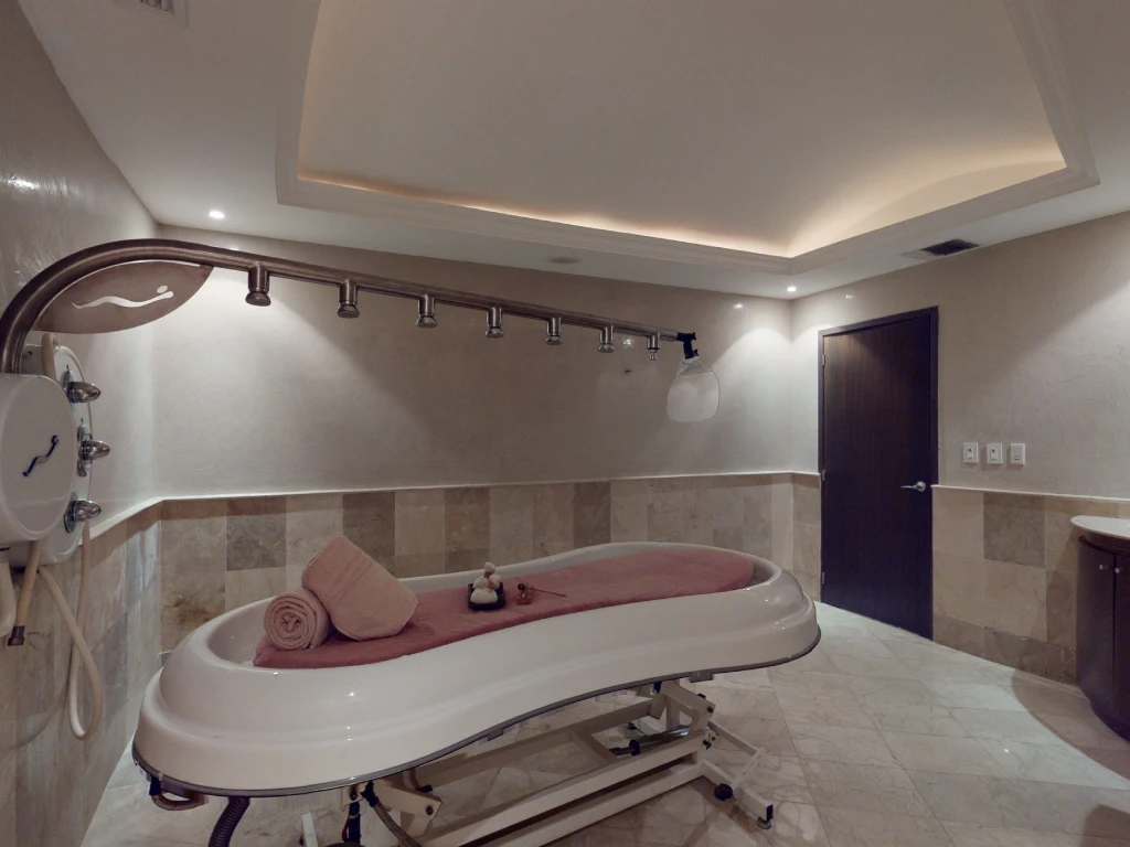 Spa room with a massage table set on a tiled floor, warm lighting, and a towel neatly rolled on the table.