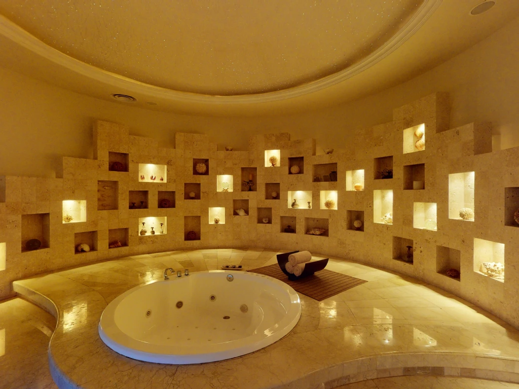Luxurious spa room with a round jacuzzi, ambient lighting, and decorative shelves filled with various ornaments.