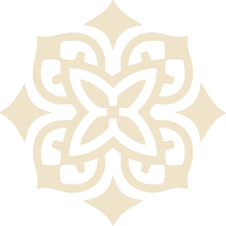 Diseño geométrico simétrico con formas florales entrelazadas en colores negro y beige.