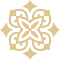 Diseño geométrico ornamental en tonos beige sobre fondo blanco, con formas simétricas similares a un trébol y rombos.