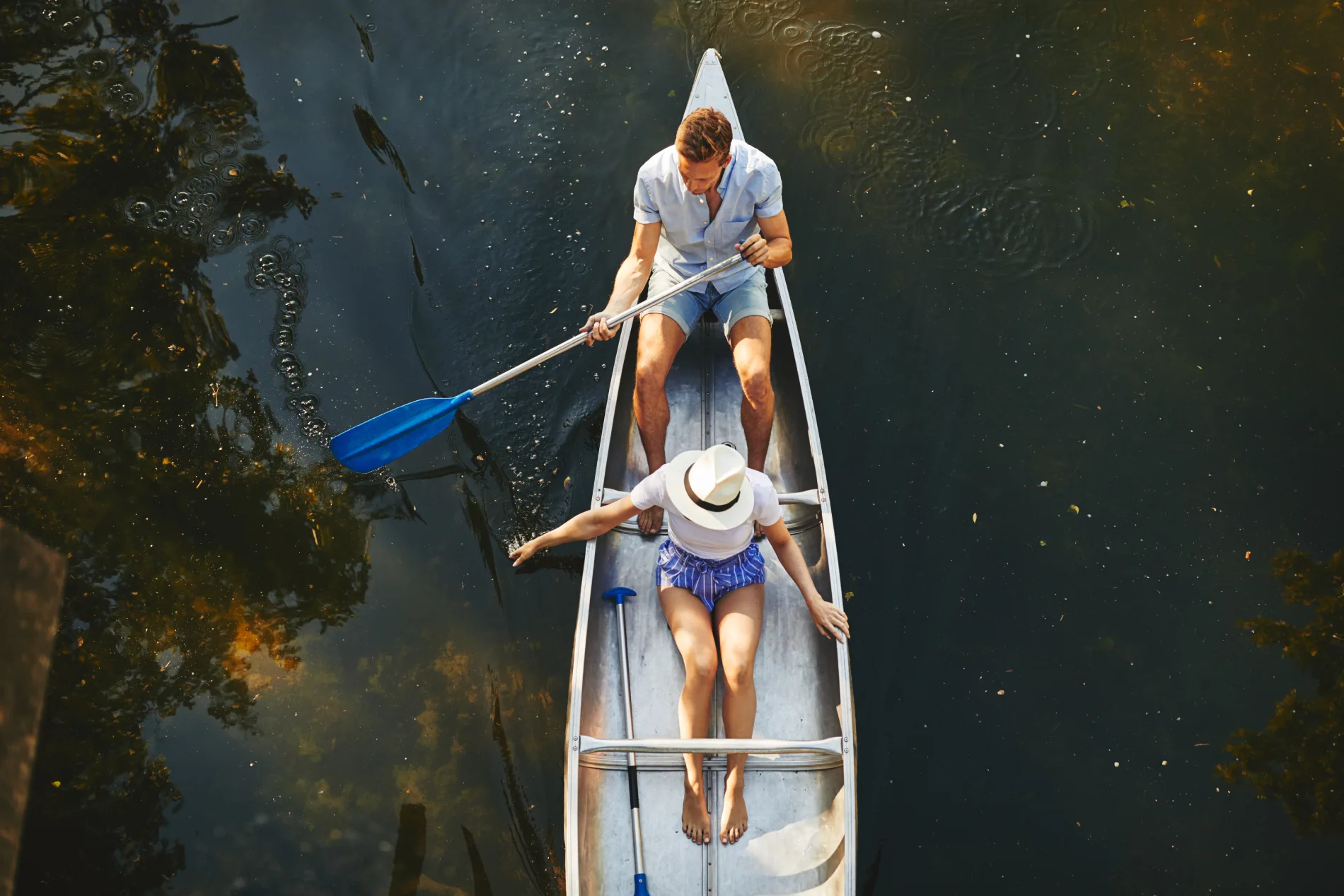 Aerial view of two people canoeing on a calm river.