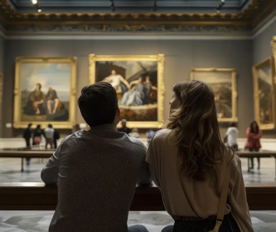 Pareja observa grandes pinturas en una galería de museo.