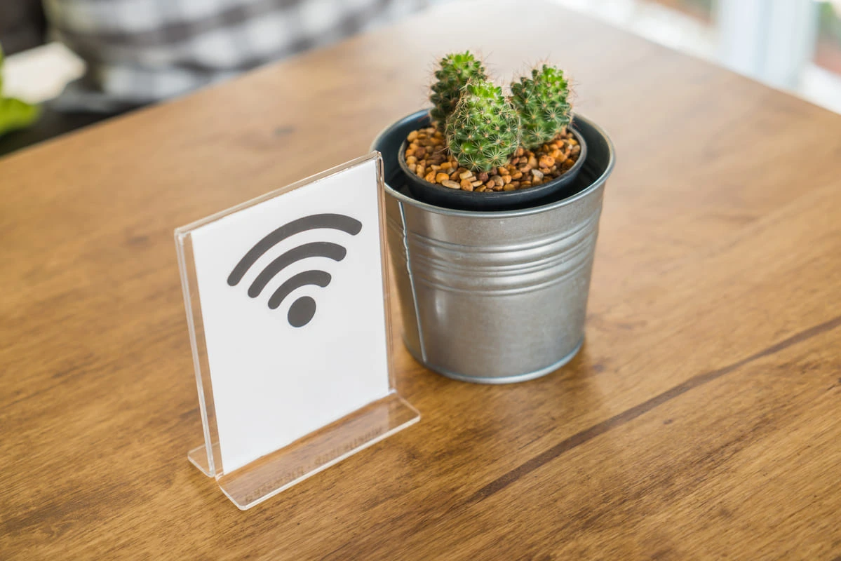 Tarjeta de señal Wi-Fi junto a una maceta con cactus sobre una mesa de madera.
