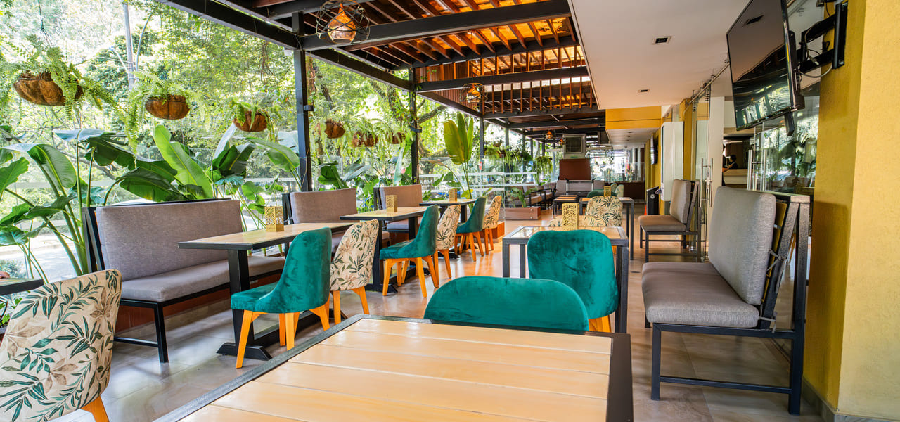 Terraza de restaurante con mesas, sillas coloridas y plantas colgantes. Ambiente luminoso y acogedor.