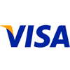 Logo Visa avec lettrage bleu et angle orange, sur fond blanc.