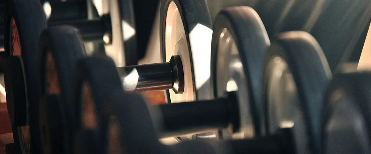 Pesas en una estanter&iacute;a de gimnasio, iluminadas parcialmente por la luz, creando un efecto de sombras y reflejos.