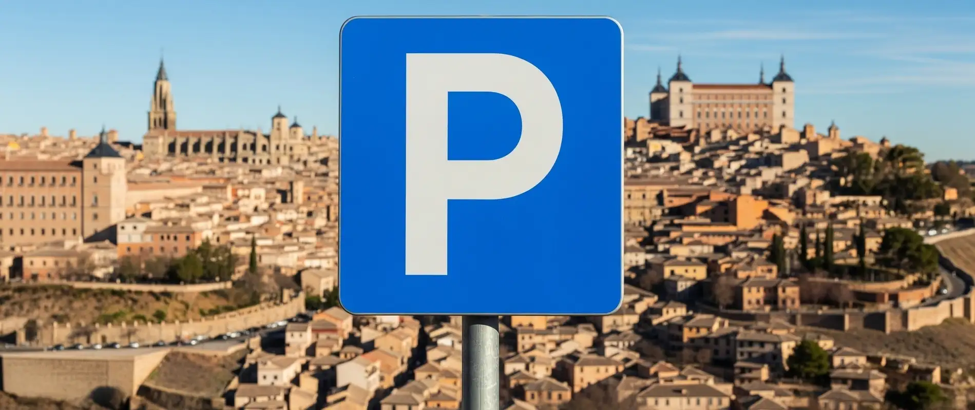 Señal de estacionamiento azul con paisaje urbano de fondo.