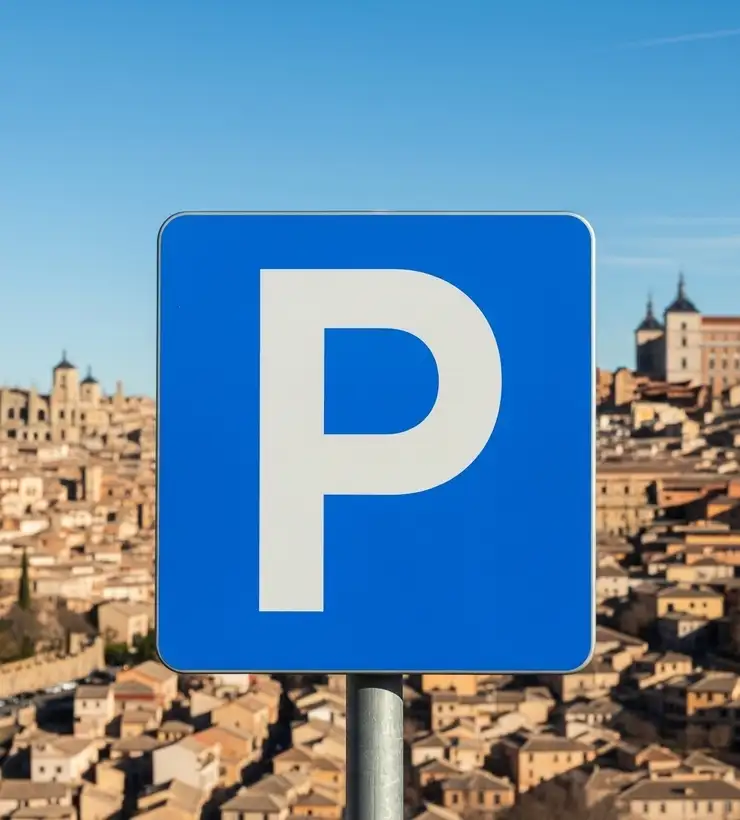Señal de estacionamiento azul con la letra 'P' en una ciudad antigua de fondo, cielo despejado.