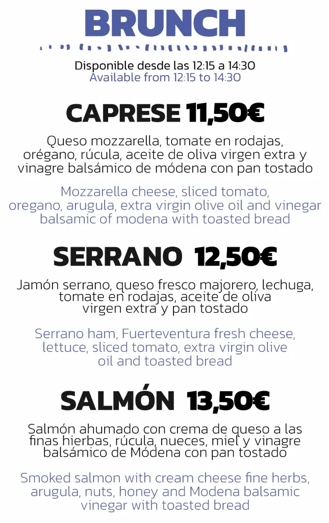 Menú de brunch con tres opciones: Caprese, Serrano y Salmón, con ingredientes listados y precios en euros.