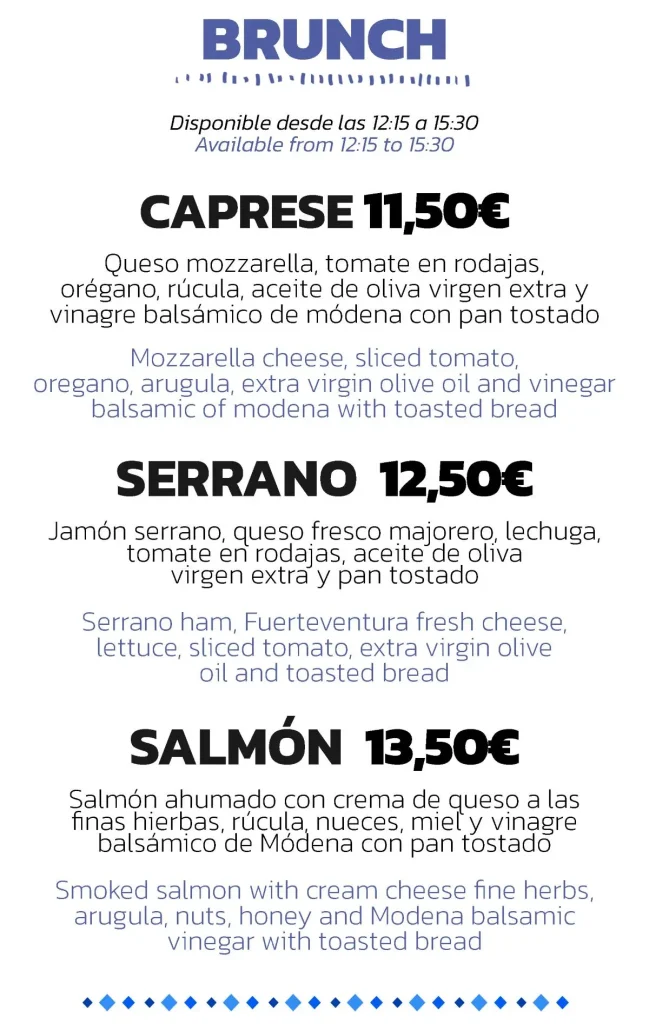 Menú de brunch con tres opciones: Caprese, Serrano y Salmón, con ingredientes listados y precios en euros.
