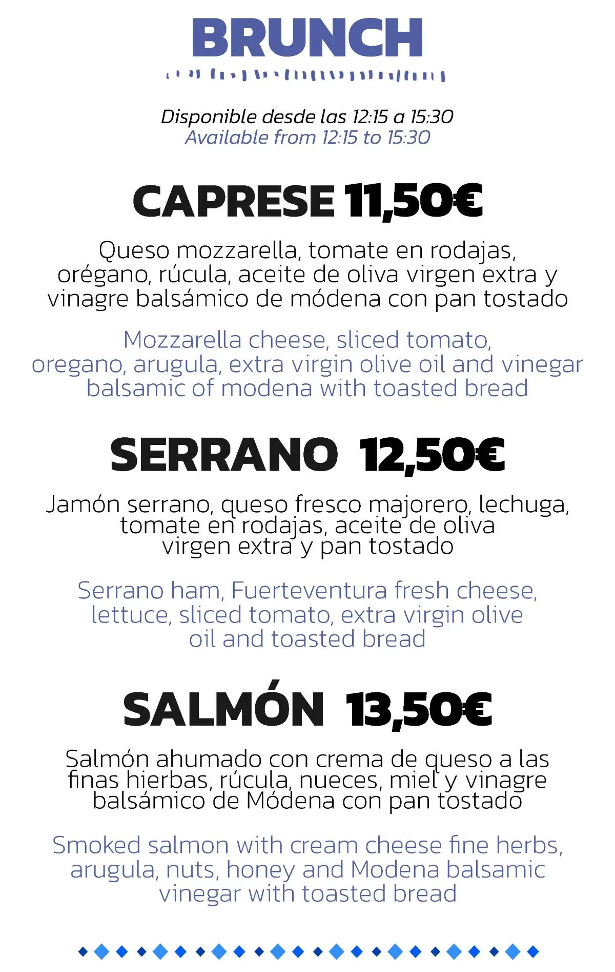 Menú de brunch con tres opciones: Caprese, Serrano y Salmón, con ingredientes listados y precios en euros.