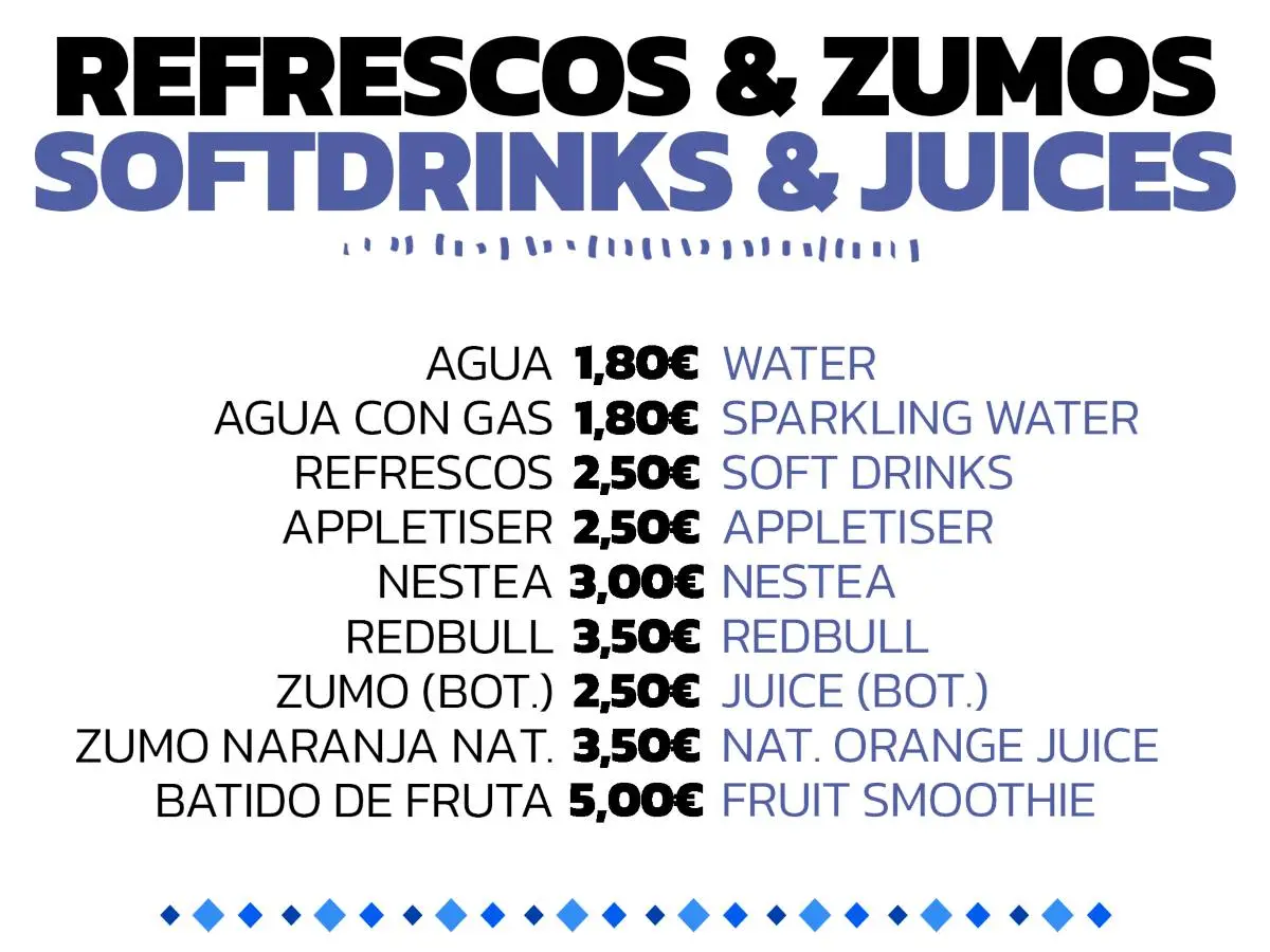 Menú de bebidas: Agua, Refrescos, Nestea, Zumo, Batido; precios en euros y sus traducciones al inglés.