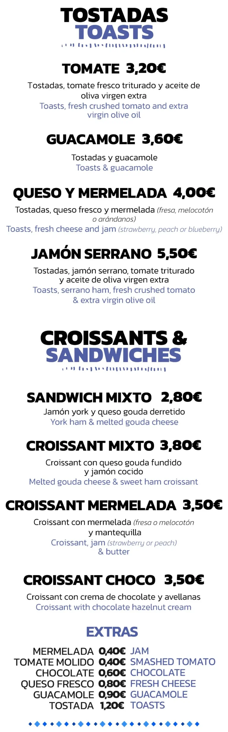 Menú de tostadas, croissants y sándwiches con precios, incluyendo extras como mermelada y guacamole.