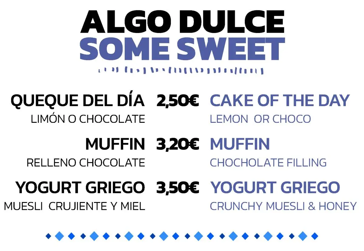 Menú de postres: Queque 2,50€, Muffin 3,20€, Yogurt 3,50€. Sabor limón, chocolate o miel.