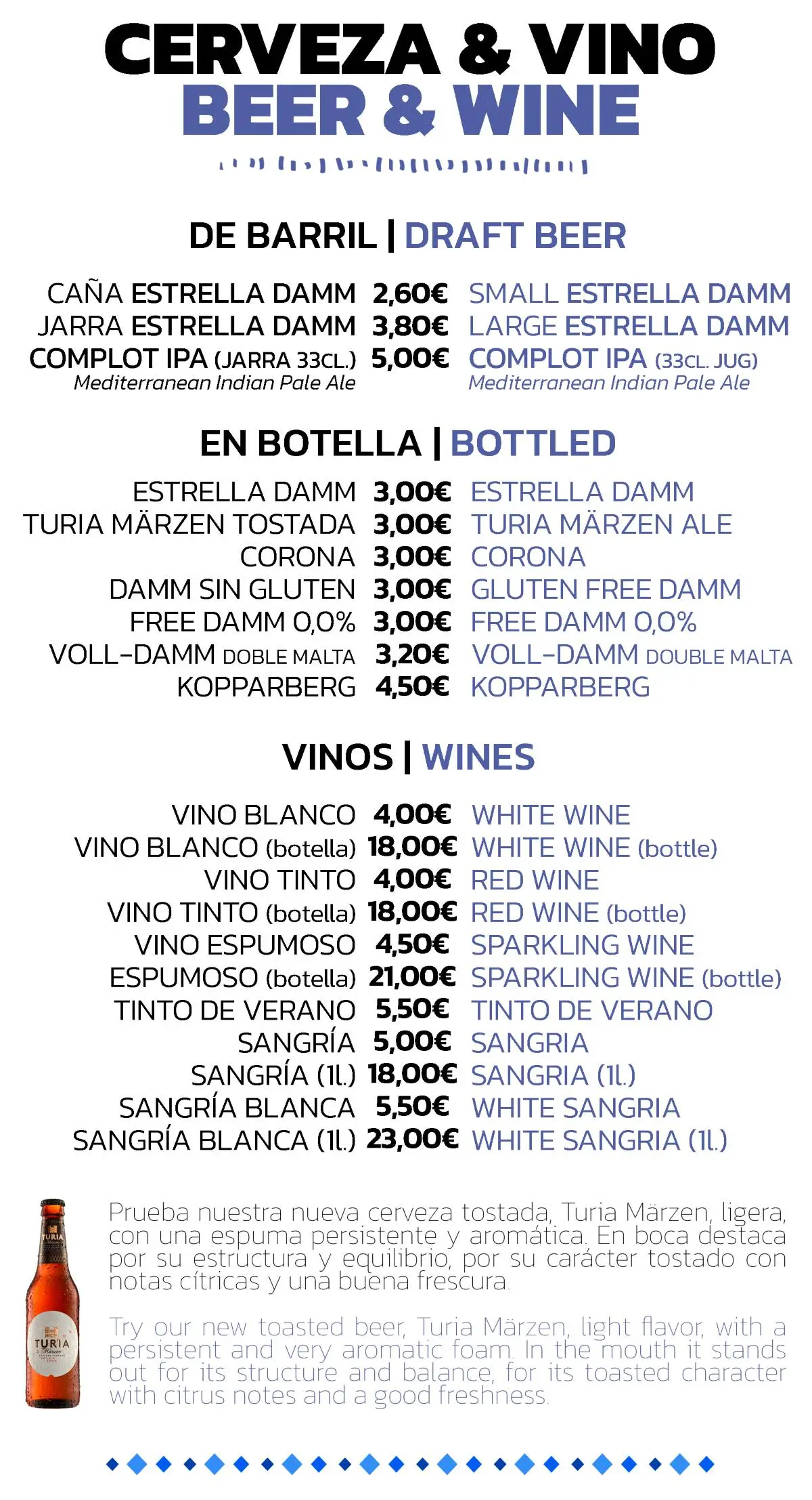 Menú de bebidas: Cerveza de barril y botella, vino blanco, tinto, espumoso y sangría, con precios en euros.
