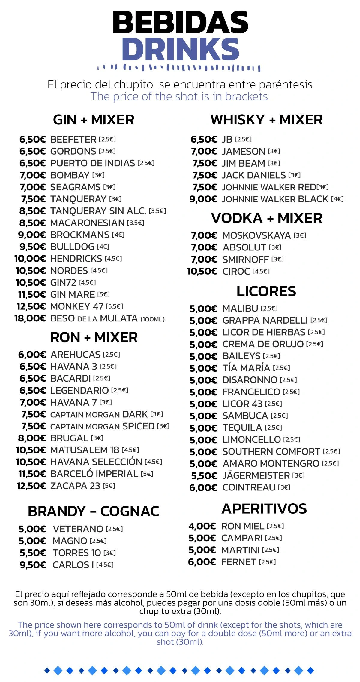 Menú de bebidas: Gin, Whisky, Vodka, Ron, Licores, Brandy-Cognac, Aperitivos, con precios de chupitos en paréntesis.