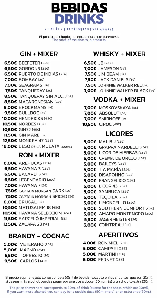 Menú de bebidas: Gin, Whisky, Vodka, Ron, Licores, Brandy-Cognac, Aperitivos, con precios de chupitos en paréntesis.
