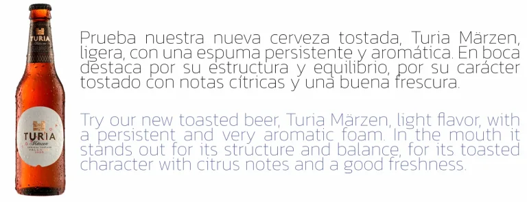 Botella de cerveza Turia Märzen con texto que describe su sabor ligero, espuma aromática y notas cítricas.