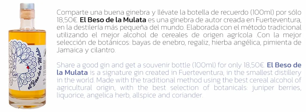 Botella de ginebra "El Beso de la Mulata" de 100 ml. Texto promocional en español e inglés describiendo la ginebra.