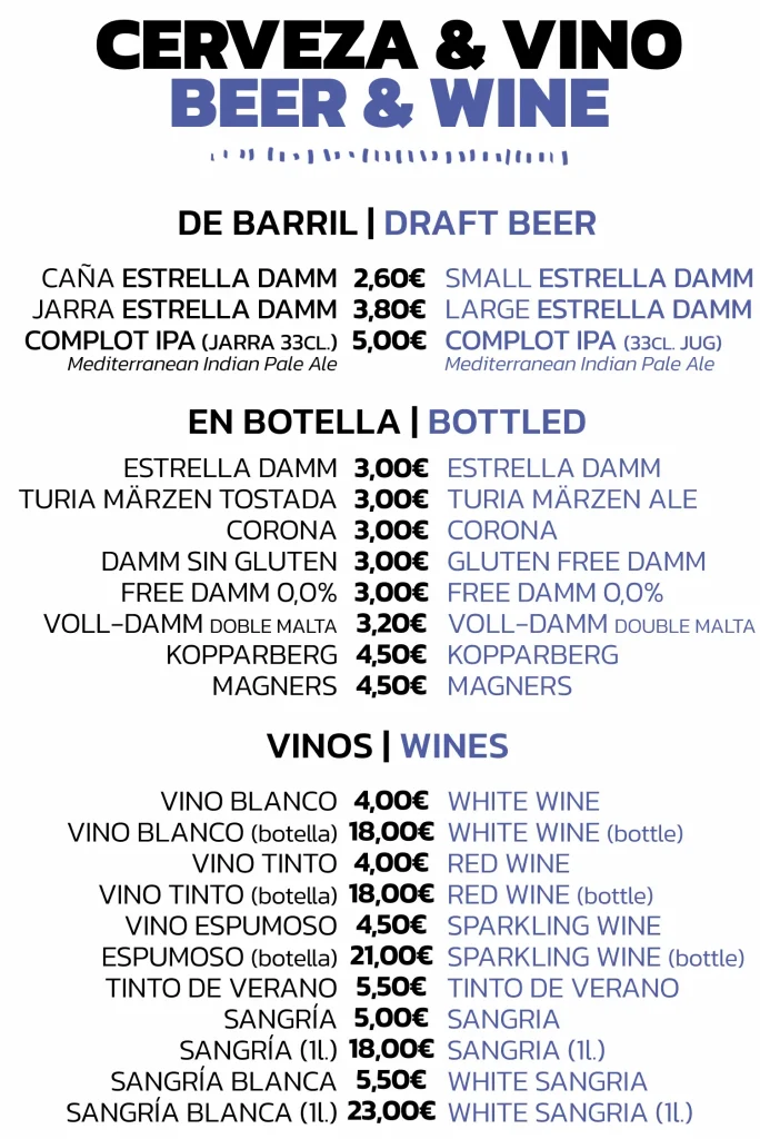 Menú de bebidas: Cerveza de barril y botella, vino blanco, tinto, espumoso y sangría, con precios en euros.