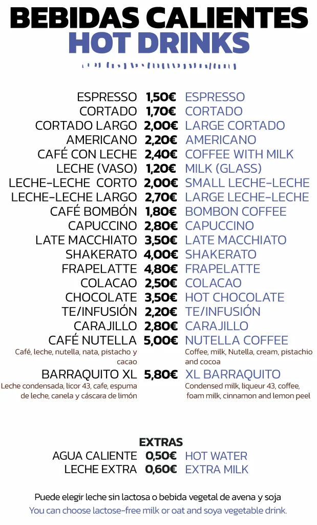 Menú de bebidas calientes con precios: espresso, cortado, americano, leche-leche, capuccino, colacao, té, carajillo y más.