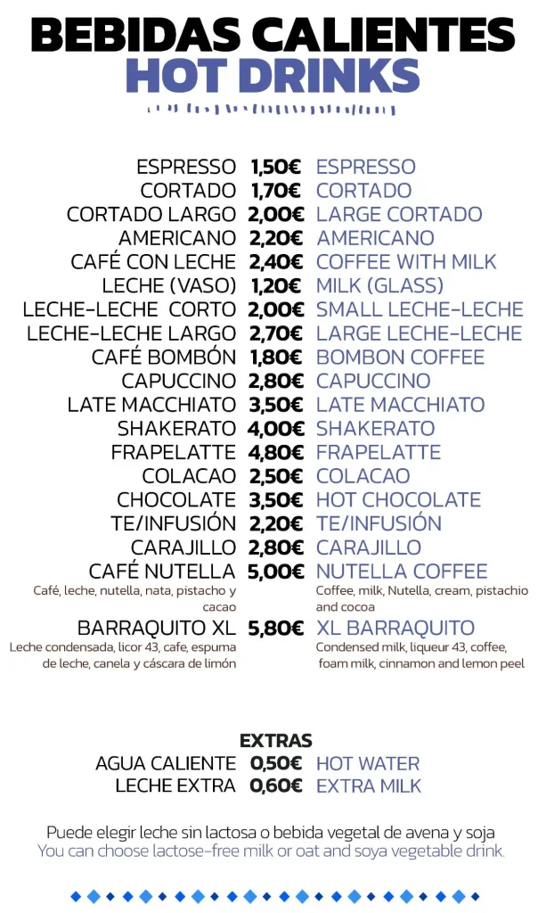 Menú de bebidas calientes con precios espresso, cortado, americano, leche-leche, capuccino, colacao, té, carajillo y más.