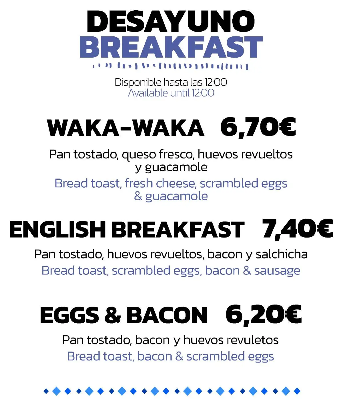 Menú de desayuno Waka-Waka, English Breakfast y Eggs & Bacon, con precios y descripciones de los platos.