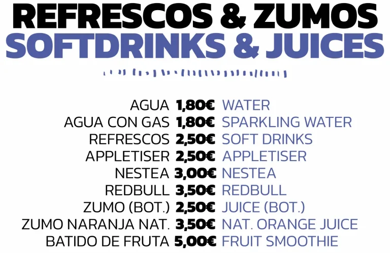 Menú de bebidas: Agua, Refrescos, Nestea, Zumo, Batido; precios en euros y sus traducciones al inglés.