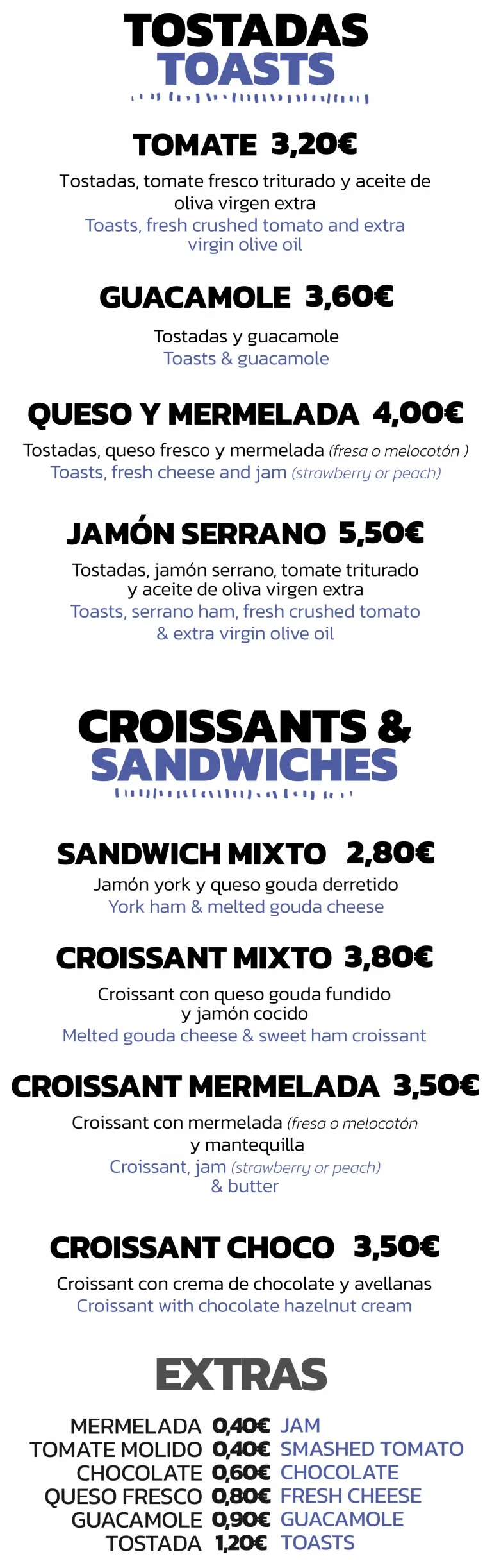 Menú de tostadas, croissants y sándwiches con precios, incluyendo extras como mermelada y guacamole.