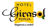 Logo del Hotel Girasol Tunja con un fondo amarillo, flor de girasol y texto "Elegancia y confort".