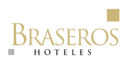 Logo de Braseros Hoteles, con letras doradas y dos cuadrados, uno gris y otro dorado, en las esquinas.