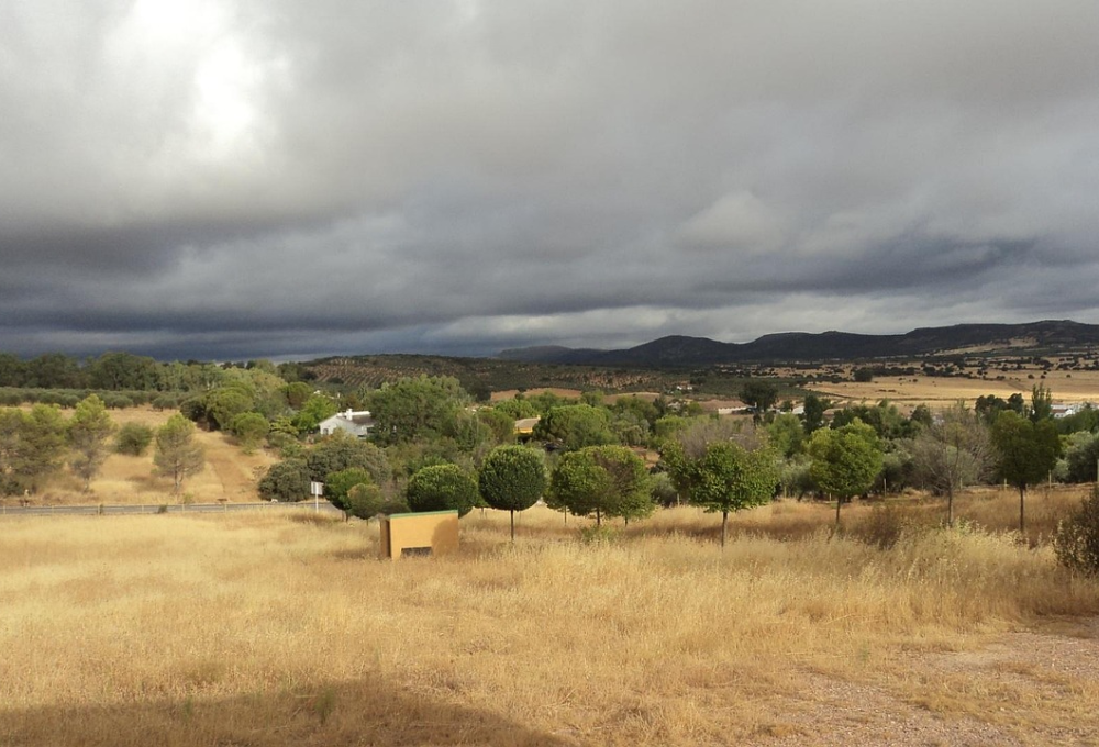 Campo con hierba amarilla, árboles verdes y colinas bajo un cielo nublado. Una casa blanca se ve entre los árboles.