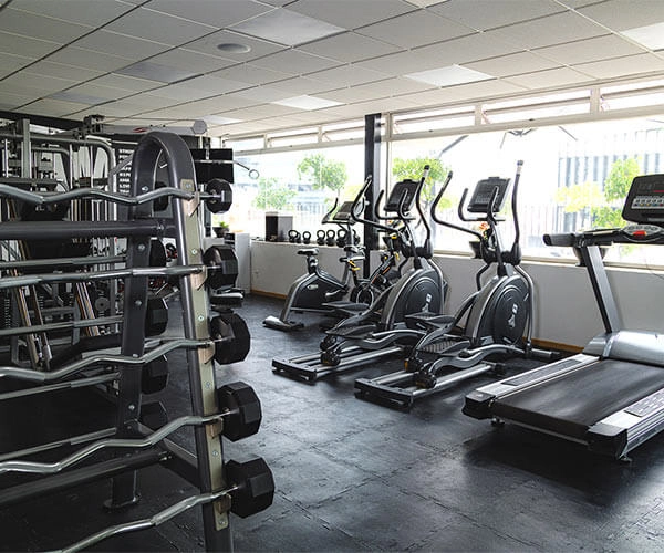 Gimnasio moderno con pesas, bicicletas elípticas y una caminadora, con luz natural entrando por las ventanas.