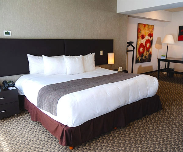 Habitación de hotel moderna con cama grande, almohadas blancas, cuadro colorido, lámpara de mesa y escritorio negro.
