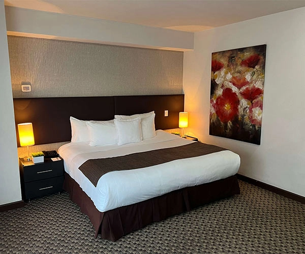 Habitación de hotel con cama doble, edredón blanco, dos lámparas de noche y un cuadro con flores en la pared.