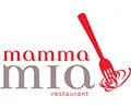 Logo de "Mamma Mia Restaurant" con un tenedor rojo en espiral al lado del texto.