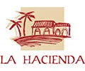 Logotipo de "La Hacienda" con una ilustración de una casa y dos palmeras en tonos marrones y rojos.