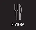 Icono de tenedor y cuchillo con la palabra "Riviera" debajo, sobre un fondo negro.