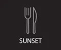 Icono blanco de cubiertos sobre fondo negro con texto "SUNSET".