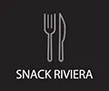 Logotipo con un tenedor y un cuchillo en blanco sobre fondo negro. Debajo, el texto "SNACK RIVIERA".