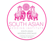 Logotipo del "South Asian Wedding Institute" con dos elefantes rosas adornados.