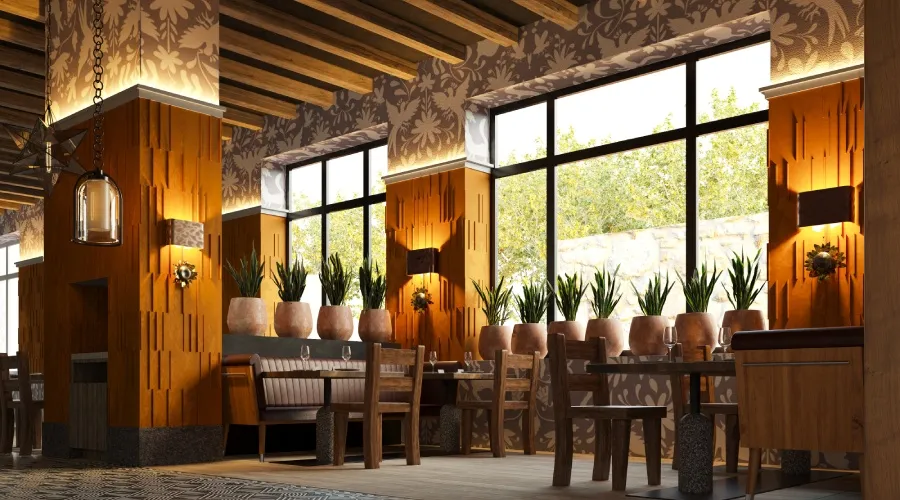 Restaurante elegante con decoración de madera, plantas y luz natural.